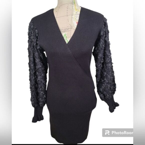 LUSH Size Small Black Knit Sweater Mini Dress 3D Floral Sheer Balloon Sleeve NWT - Picture 14 of 14